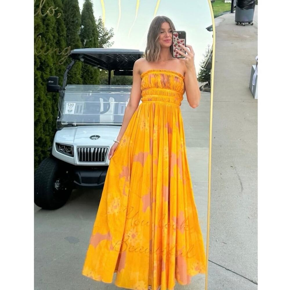 SLATE & WILLOW Yellow Orange Sunset Floral Strapless Pleated Dress size 10